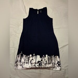 New York & Company Navy Dress with silver skyline design